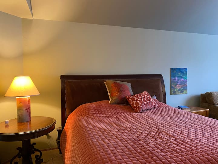 Მთავარი საძინებელი დიდი საწოლით - ზემოთ. Ეს ოთახი დაკავშირებულია მთავარ სააბაზანოსთან.