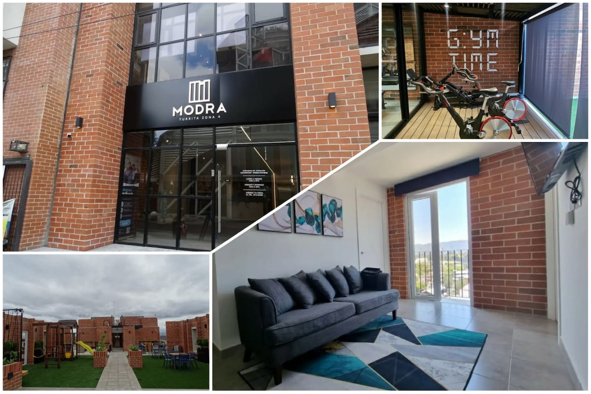 An exterior view of the building showcases a contemporary facade with dark accents, while a cozy living area features a gray sofa and a flat-screen TV. A sign indicates 'Gym Time' near exercise equipment, and a vibrant play area filled with colorful structures is visible outside.