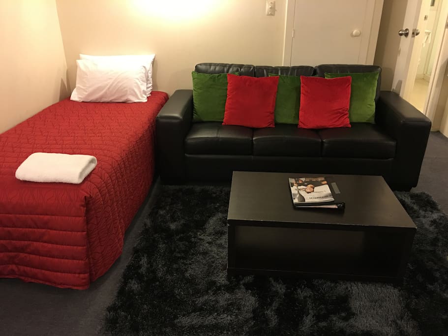 single bed and sofa double bed in living room