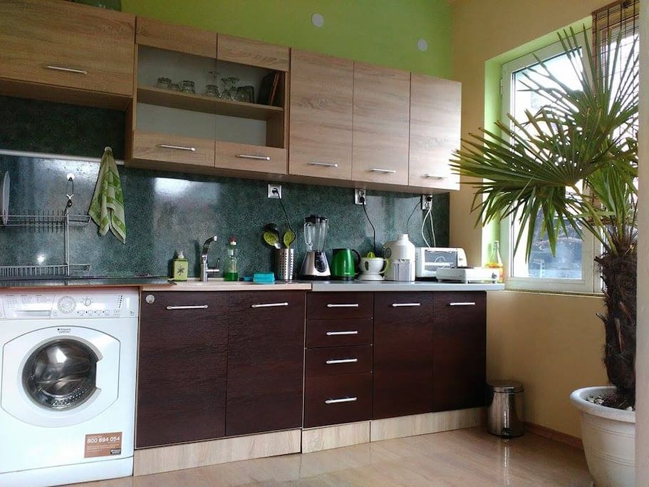 The kitchen is fully equipped with a washing mashine