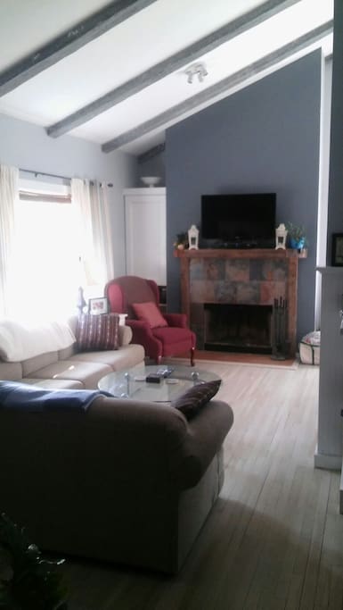 Living Room with fireplace. Couch is a sleeper. Can sleep two.