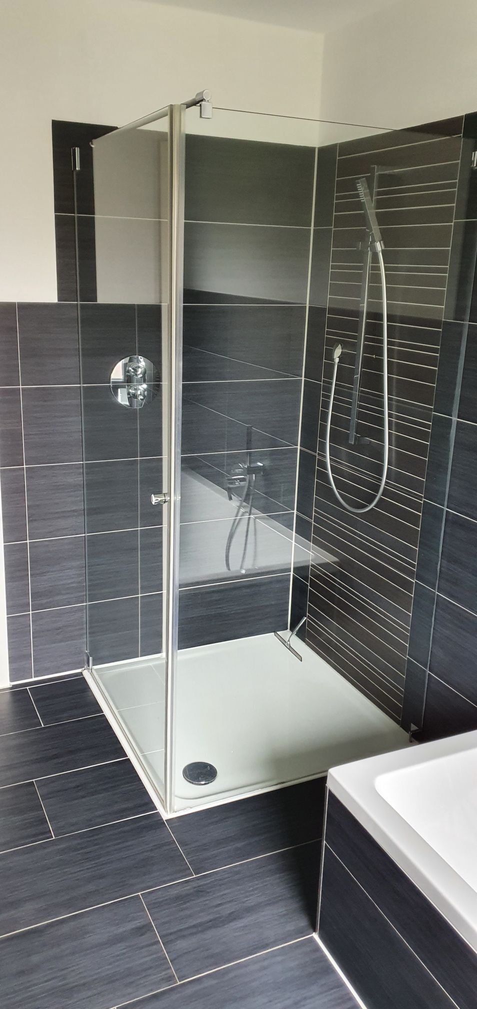 A modern bathroom features a glass-enclosed shower with a handheld showerhead and sleek tile work. The dark tiles provide a contemporary look, complemented by a white bathtub near the shower area. Ample space is offered for movement and accessibility.