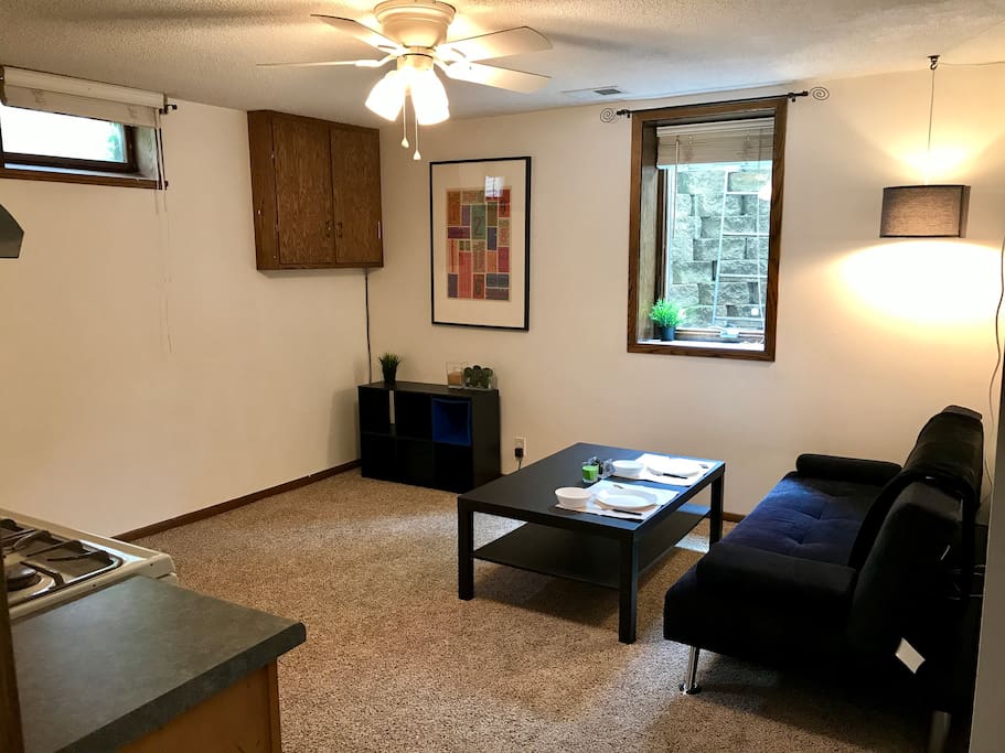Living room and kitchen with futon couch!