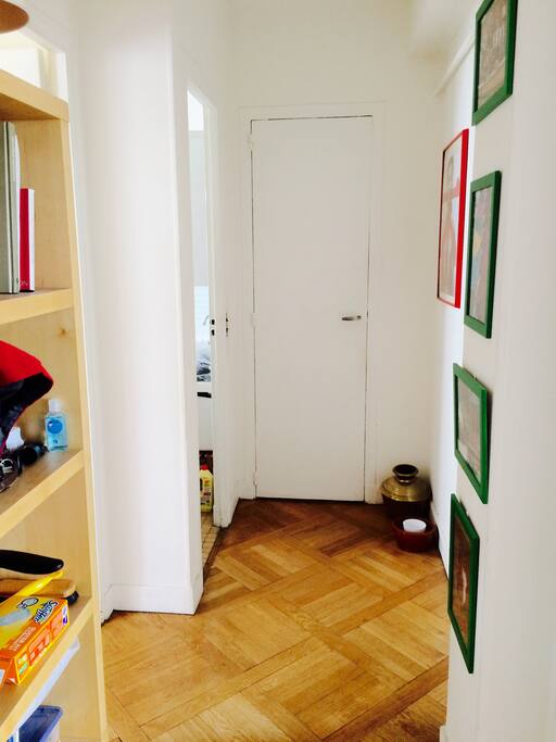 The entrance in the central the corridor. The living room and the room are on the right. The door after is the room of my flatmate, in front, there are the toilets then on the left, the kitchen and the bathroom.