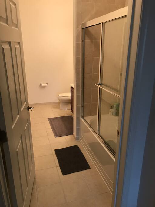The bathroom is connected to the bedroom.