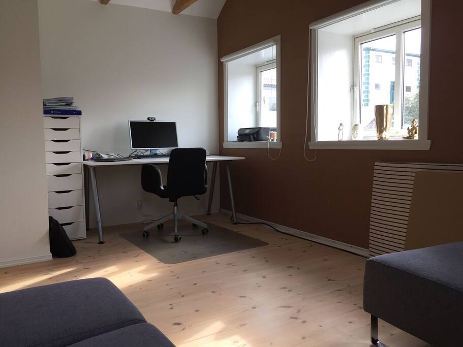 Office space available to use in upstairs living room. Also available for three sleepers (one sofa and two fold-out beds).