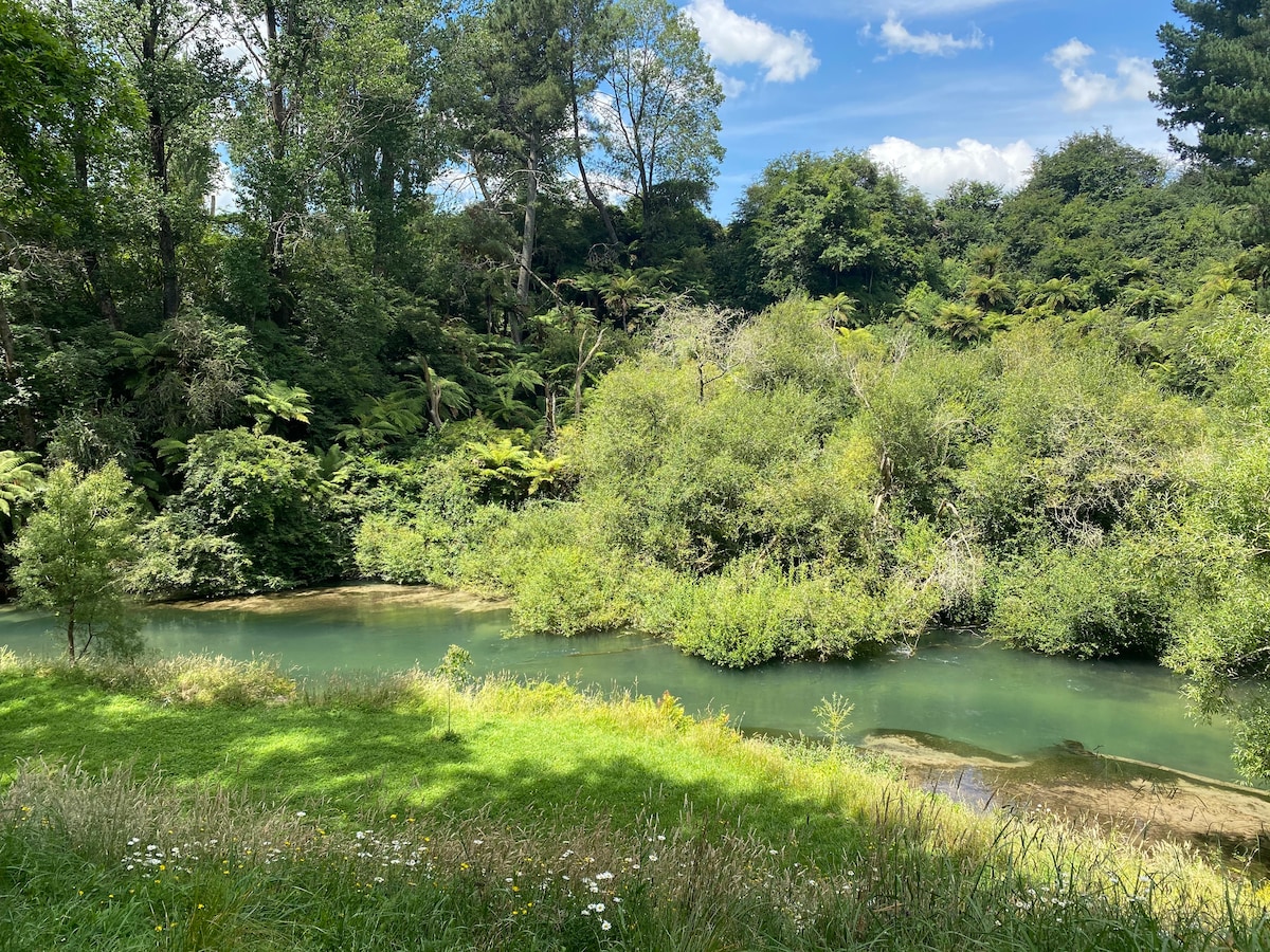 Te Waihou river at Lone Oak Eco Cabin in Okoroire