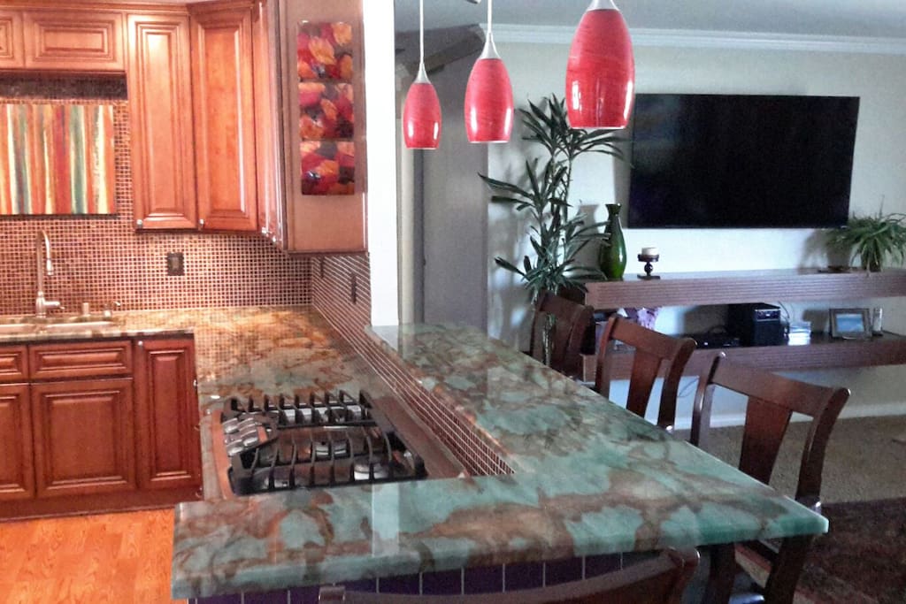 Living room and kitchen bar top view