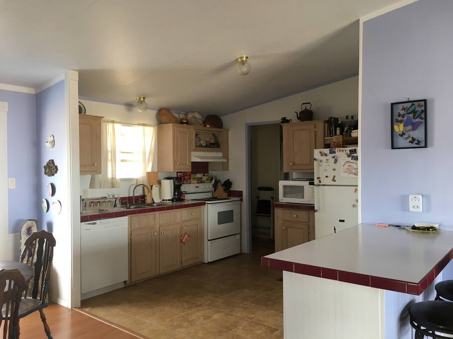 open kitchen fully stocked with tools and pantry