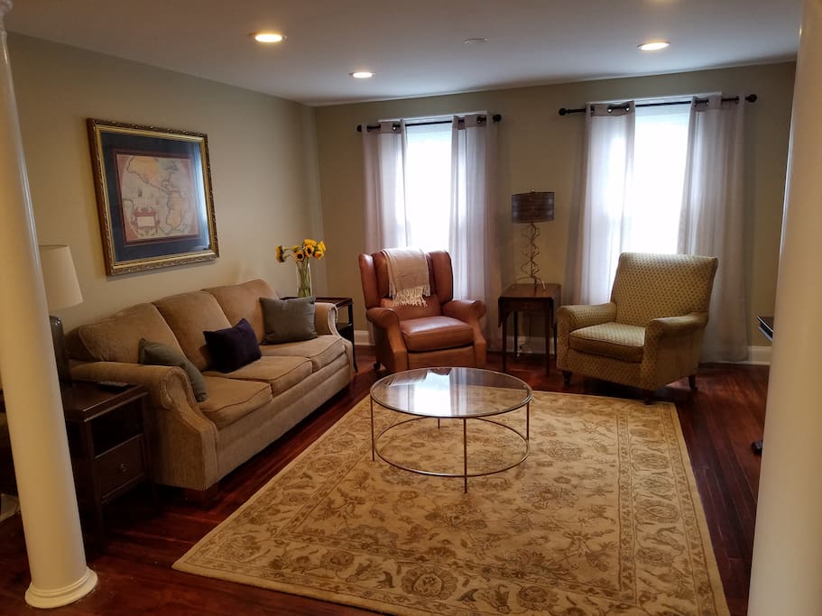 Spacious living room with new sofa sleeper
