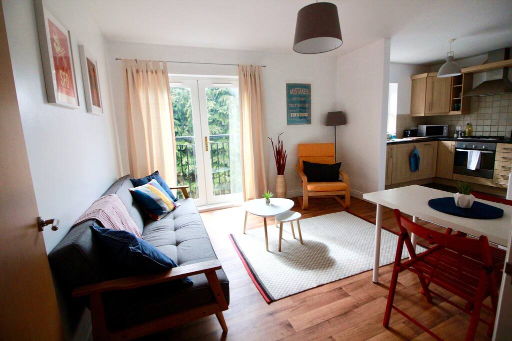 Living room, kitchen and dining area