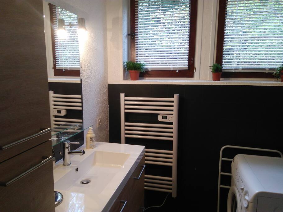 salle de bain avec baignoire, lave linge en libre service.
