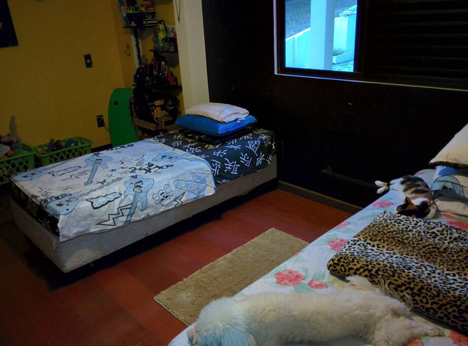 Quarto com duas camas, ventilador de teto, TV
