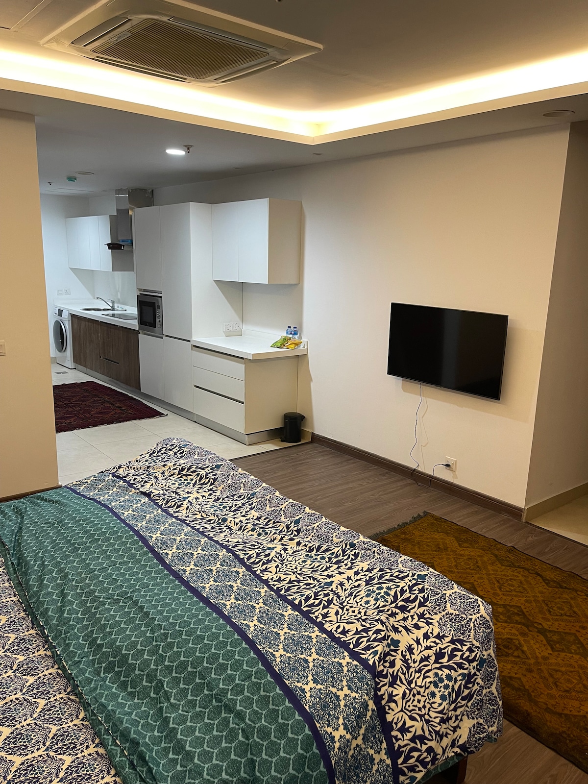 A studio apartment is presented with a spacious sleeping area featuring a patterned bedding set. A kitchenette with modern cabinetry and appliances is visible in the background, alongside a dining area. A flat-screen TV is mounted on the wall, and a colorful rug enhances the space.