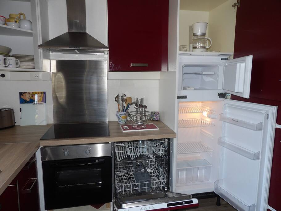 lave-vaisselle, plaque à induction,réfrigérateur/congélateur, hotte, four multifonctions,
cafetière, grille-pain, ustensiles de cuisine, vaisselles diverses