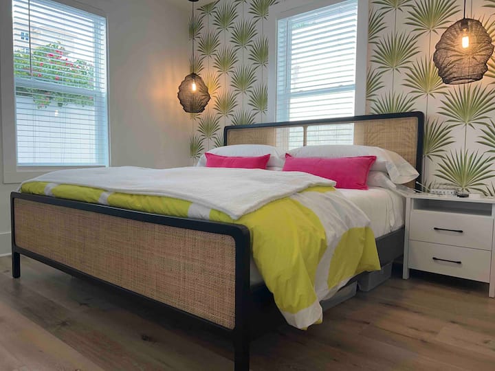 Bed is fitted with new firm mattress, crisp cotton percal sheets & both a light cotton blanket & a heavier artificial down comforter for those who prefer more “weight” when they sleep. We also provide both soft & hard pillows for you to choose from.