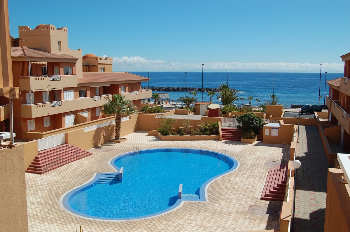 A large swimming pool is framed by a tiled terrace, with sun loungers available for relaxation. Lush palm trees are positioned around the pool area, offering a tropical feel. In the background, the blue ocean meets a clear sky, enhancing the serene setting.
