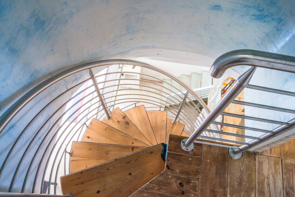 Our spiral staircase leading to the two double bedrooms