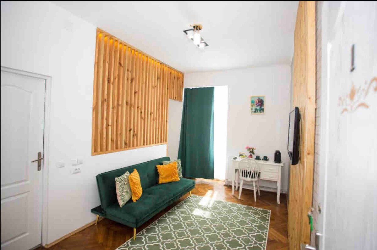 A comfortable sitting area features a green sofa adorned with decorative pillows. Natural light enters through a large window, complemented by a floor length curtain. A small desk and chair are positioned nearby, alongside a television mounted on the wall.