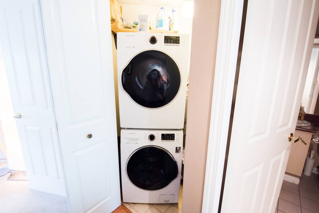 Efficient washer/dryer, soaps provided