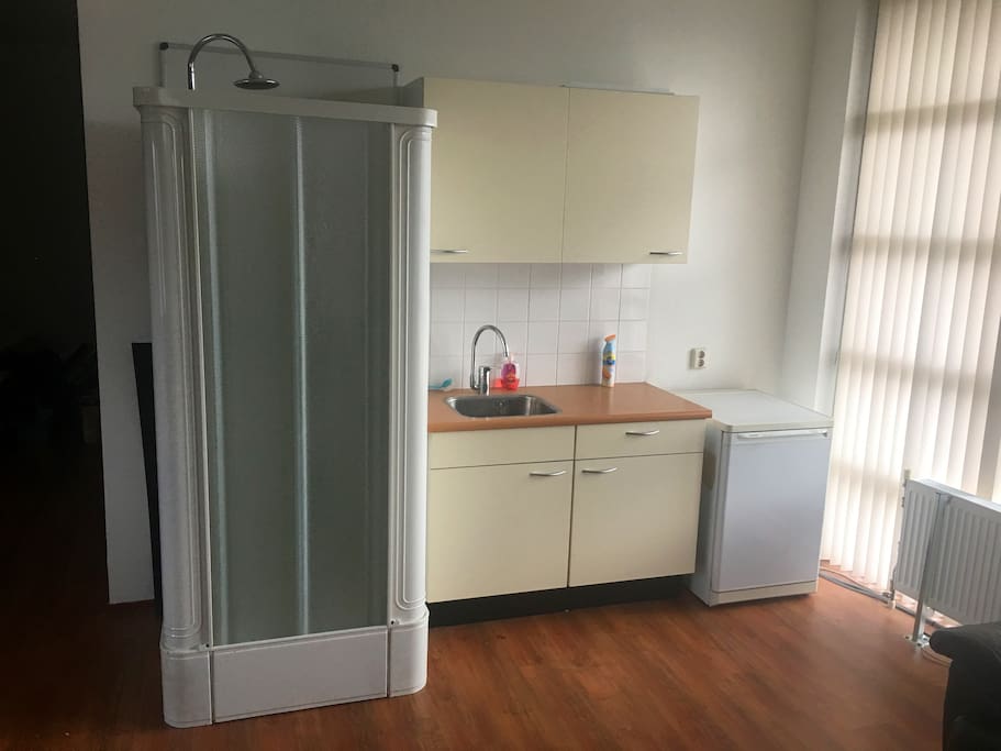 Private shower, kitchen and refrigerator.