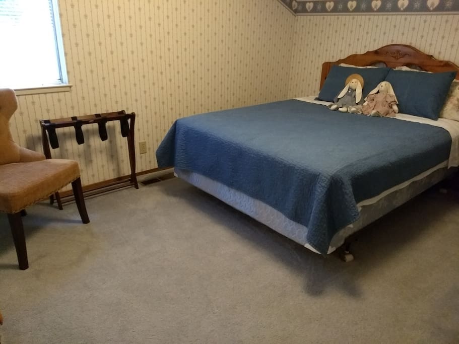There is plenty of room to hang your clothes in the walk-in closet or store extra items there if needed. A dark window covering can be lowered if you need to sleep during the day.