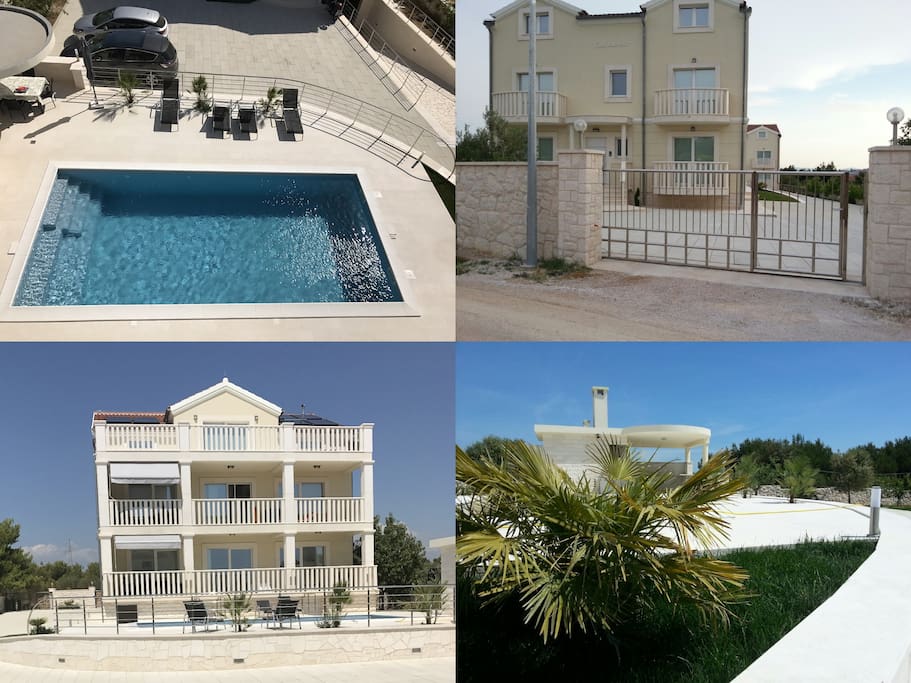 Collage, exterior, swimming pool and outdoor kitchen