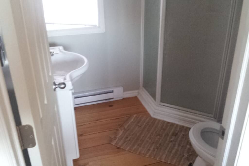 Clean bathroom with stand up shower