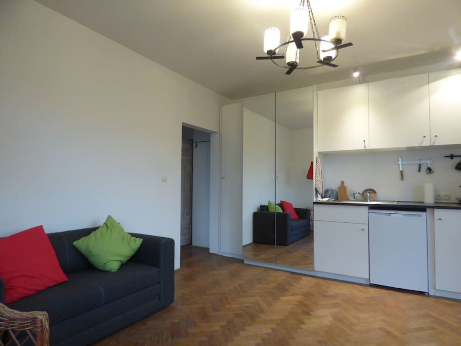 Sofa and comfortable wardrobe with mirror-doors