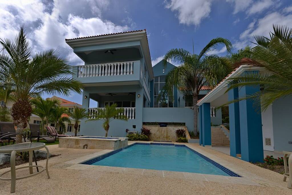 Backyard pool and hot tub.