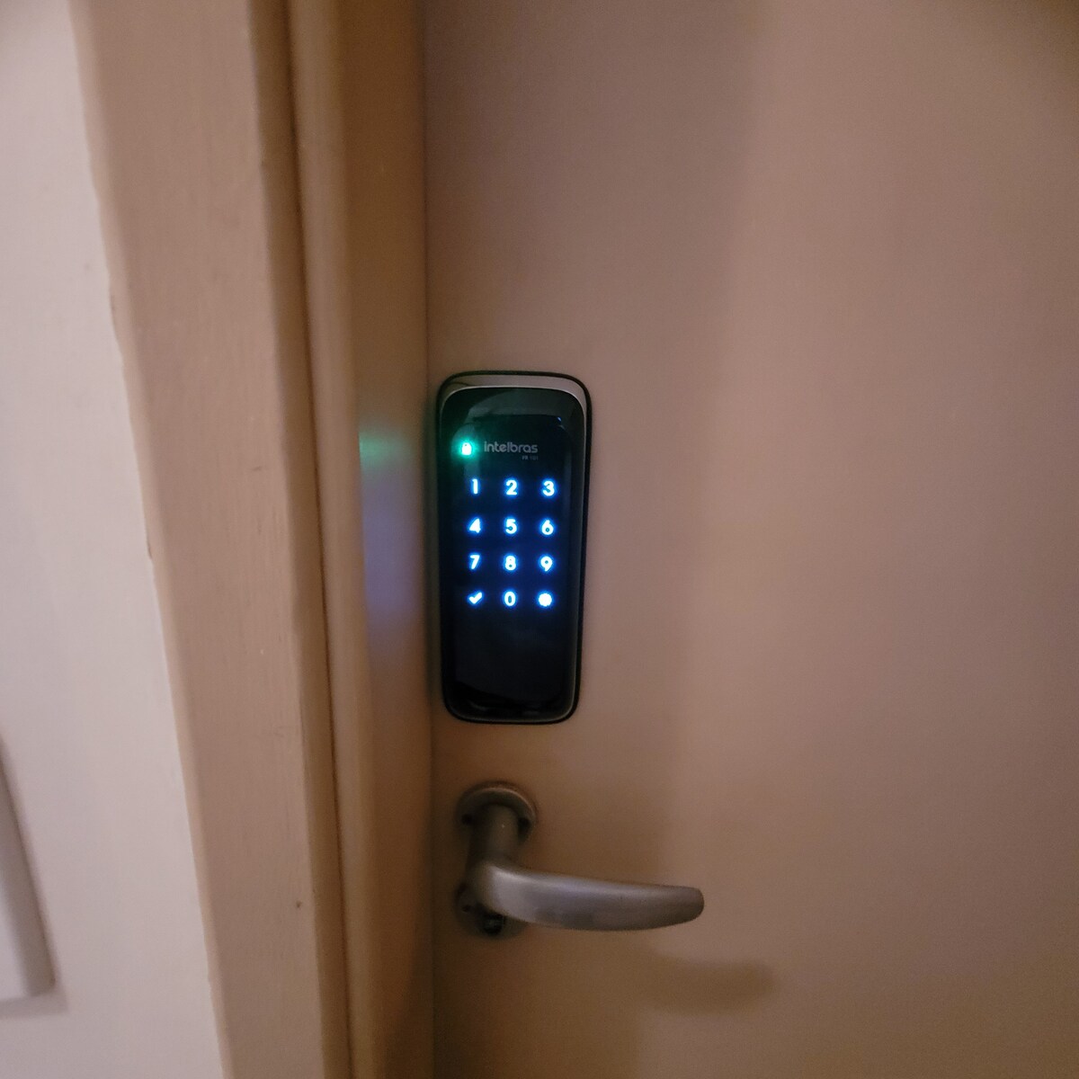 A digital keypad is mounted on the door, featuring illuminated numbers for entry. The door handle is visible, providing a modern entry solution for guests.