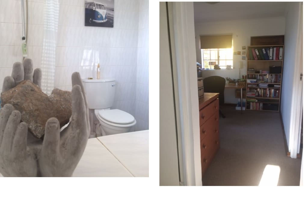 Bathroom and office/dining room area.