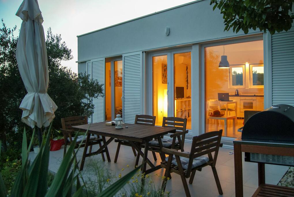 During the night you can use rolling protective shutters to maintain privacy.