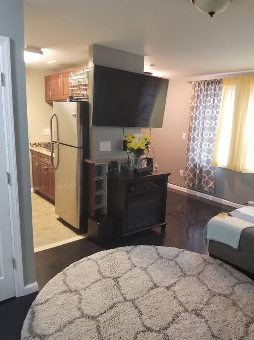 Enjoy cable TV or a DVD movie in front of the fireplace.