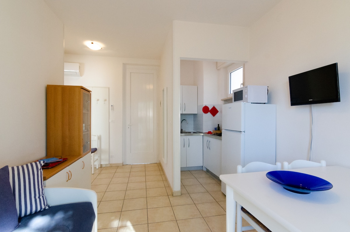 A light-filled living area is shown, featuring a cozy sofa with striped cushions and a white dining table with blue dishware. The kitchenette is visible, equipped with modern appliances, while a flat-screen TV is mounted on the wall, offering entertainment options.