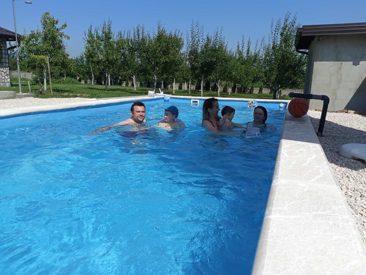 A clear blue swimming pool is visible, surrounded by a well-maintained yard with trees. Several individuals are seen enjoying the water, while poolside features a basketball hoop nearby. The bright sky enhances the inviting atmosphere of the space.