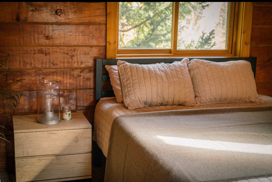 De loftslaapkamer is voorzien van een flaneldekbed, een Pendleton-deken en vintage Edison-lampverlichting. Het beschikt ook over een witte ruismachine en luchtbevochtiger om je te helpen comfortabel te slapen. 