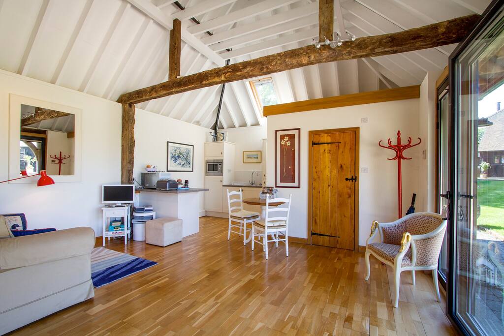 Open plan, kitchen, dining, lounge area
with vaulted ceiling