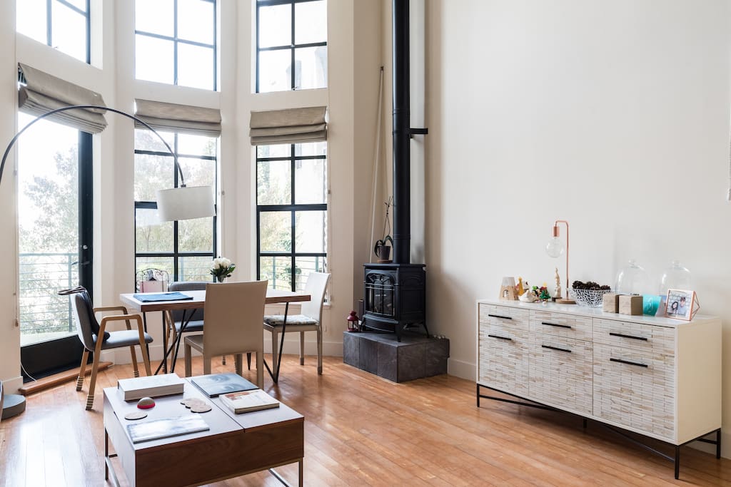 Dining table and gas fireplace