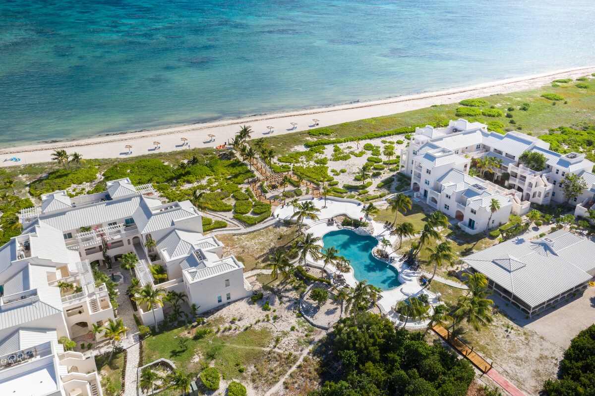 An aerial view showcases the resort's layout, featuring a large swimming pool surrounded by palm trees. The private beach is visible, with lounge chairs arranged along the shoreline. Lush greenery complements the sandy beach, enhancing the oceanfront setting.