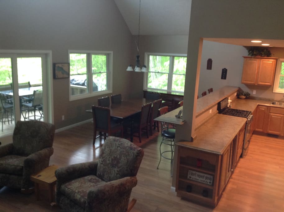 Large dining room table with open concept living space