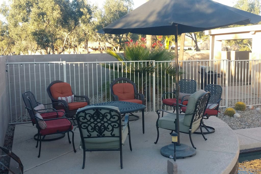 Patio seating with a firepit table great for cool winter evenings.