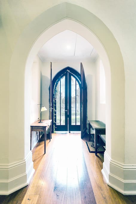 Foyer, looking out through Church doors