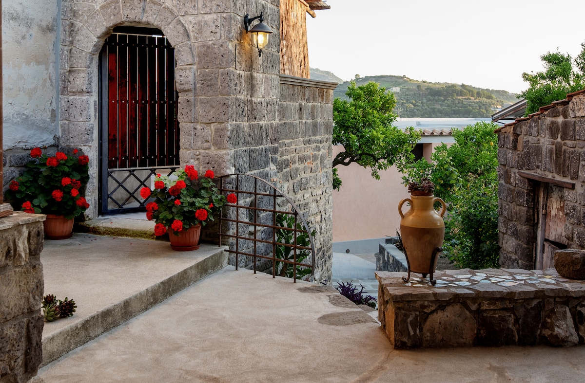 A stone pathway leads to an arched entrance, framed by vibrant red flowers in terracotta pots. A decorative urn rests on a stone feature, with lush greenery visible beyond. The texture of the stonework and the natural colors create a welcoming outdoor space.