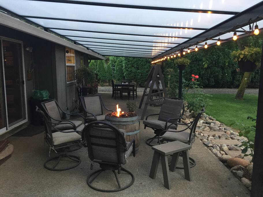 Relax at night by the propane outdoor covered fireplace.