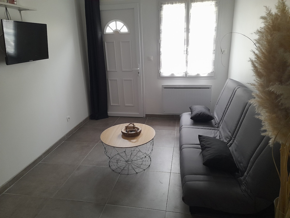 A modern living area features a comfortable gray sofa and a round wire coffee table, complemented by two dark cushions. A flat-screen TV is mounted on the wall, while natural light enters through two bright windows dressed in sheer curtains. The entrance door adds accessibility.