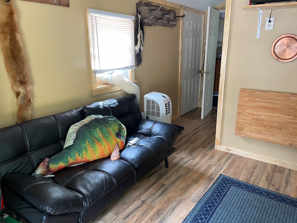A black faux leather couch is displayed in the living area, adorned with a large decorative fish pillow. Natural light streams in through a window, with a small portable air conditioner visible nearby. A hallway leads to additional rooms in the background.
