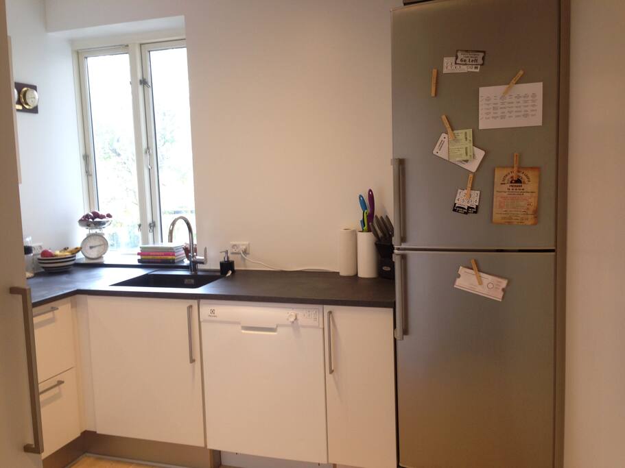 The kitchen, with a stove, refrigerator, dishwasher, oven, microwave oven