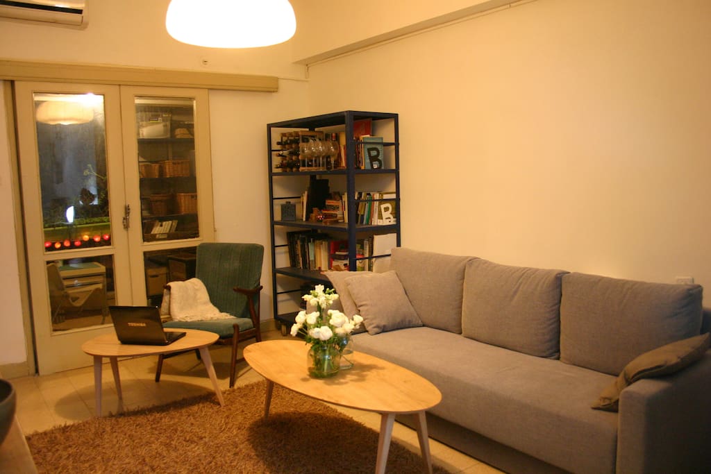 Spacious living room with a comfortable double-sofa bed, TV speekers.