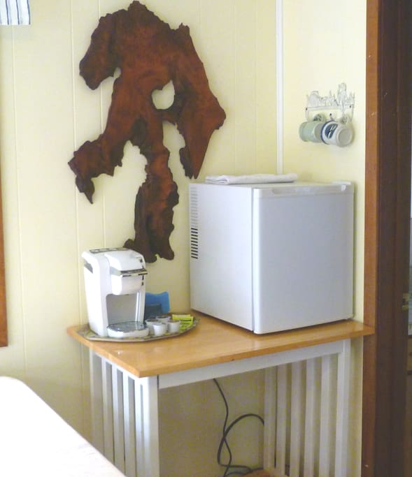Convenience center: frig, microwave, and Keurig coffeemaker